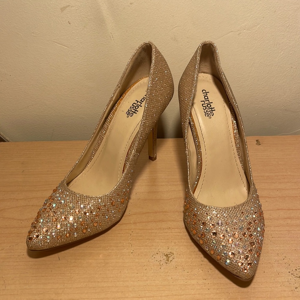 EUC Charlotte Russe shimmering heels w/ blue & pink rhinestones Size 7